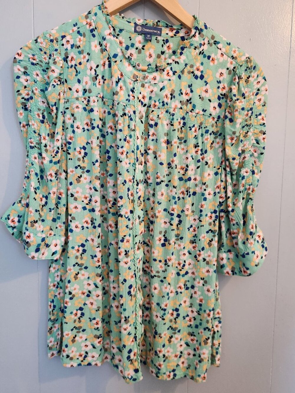 Democracy smocked floral print button blouse top shirt